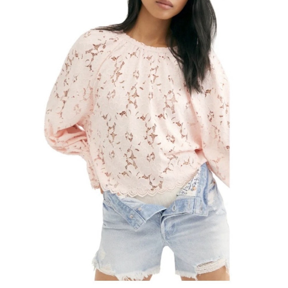 Free People Olivia Balloon Sleeve Lace Top Women's Size XS Pink Ruffle Boho